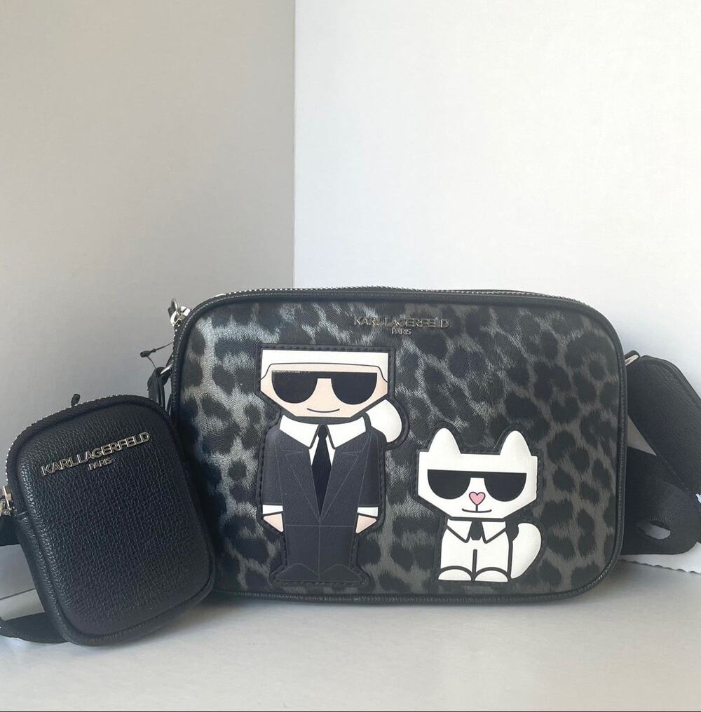 Karl Lagerfeld Maybelle Black Camera Crossbody Ikons Leopard Bag